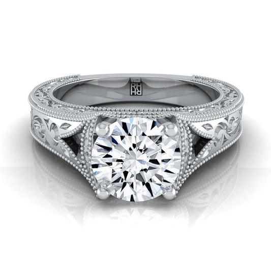 Platinum Round Brilliant  Hand Engraved and Milgrain Vintage Solitaire Engagement Ring