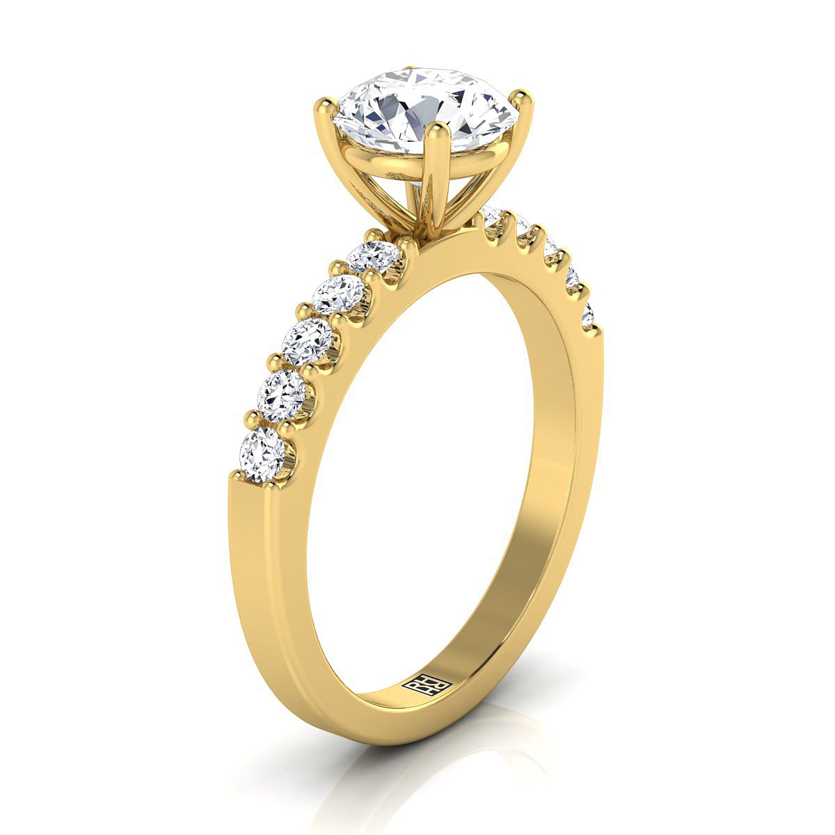 14K Yellow Gold Round Brilliant Simple Linear Diamond Pave Engagement Ring