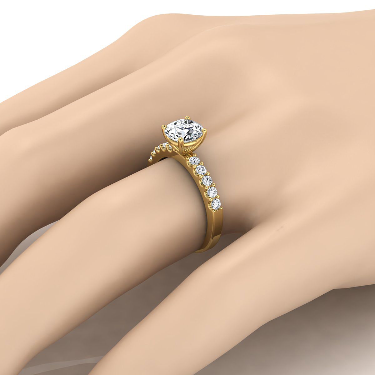 14K Yellow Gold Round Brilliant Simple Linear Diamond Pave Engagement Ring