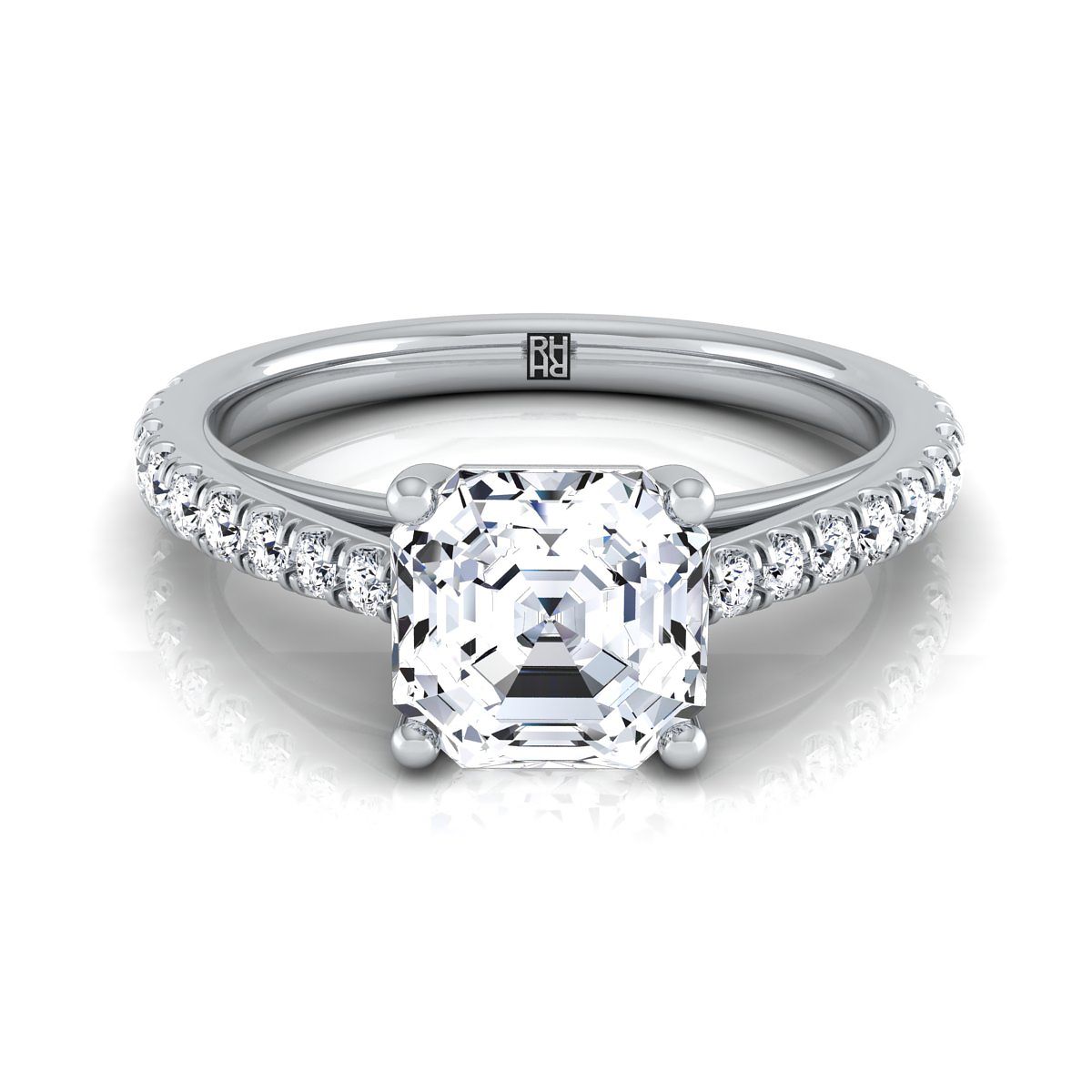 14K White Gold Asscher Cut Diamond French Pave Cathedral Style Solitaire Engagement Ring -1/4ctw