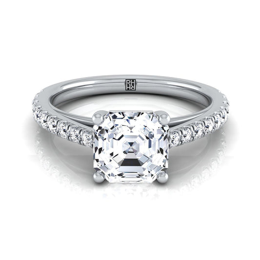 Platinum Asscher Cut Diamond French Pave Cathedral Style Solitaire แหวนหมั้น -1/4 กะรัต