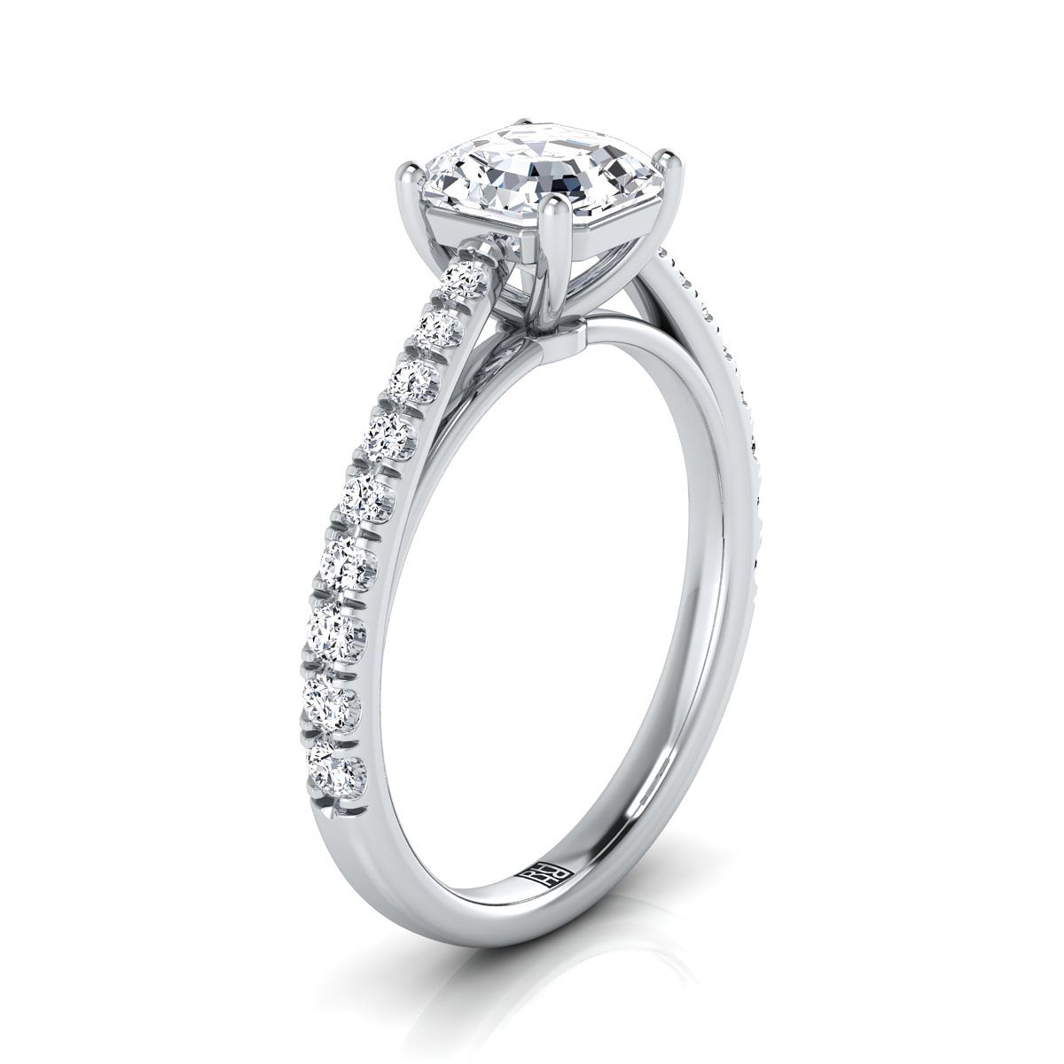 14K White Gold Asscher Cut Diamond French Pave Cathedral Style Solitaire Engagement Ring -1/4ctw