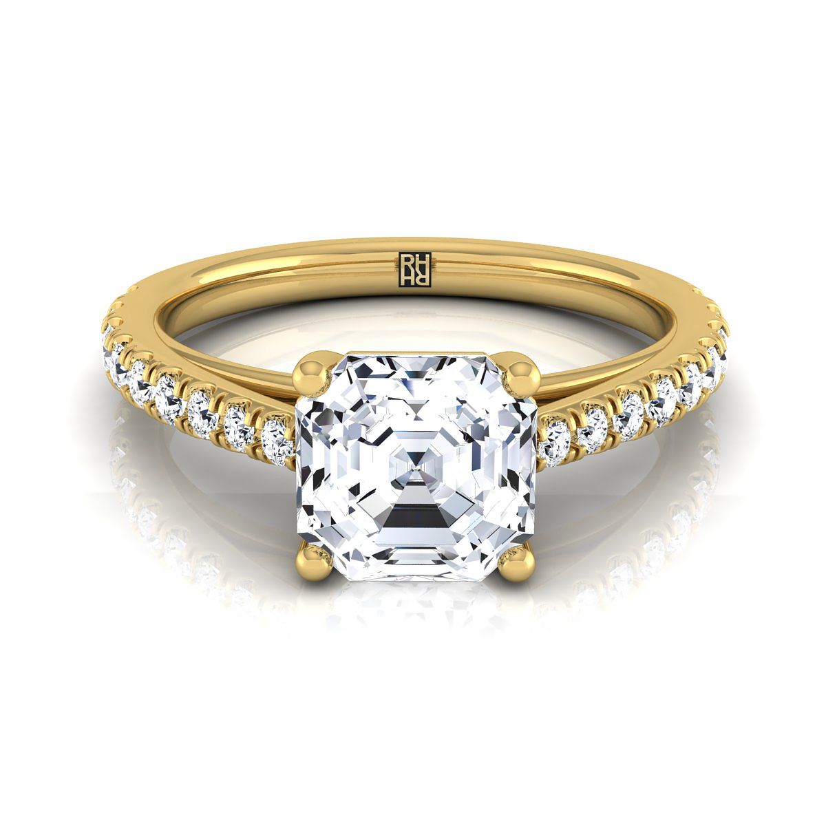 14K Yellow Gold Asscher Cut Diamond French Pave Cathedral Style Solitaire Engagement Ring -1/4ctw