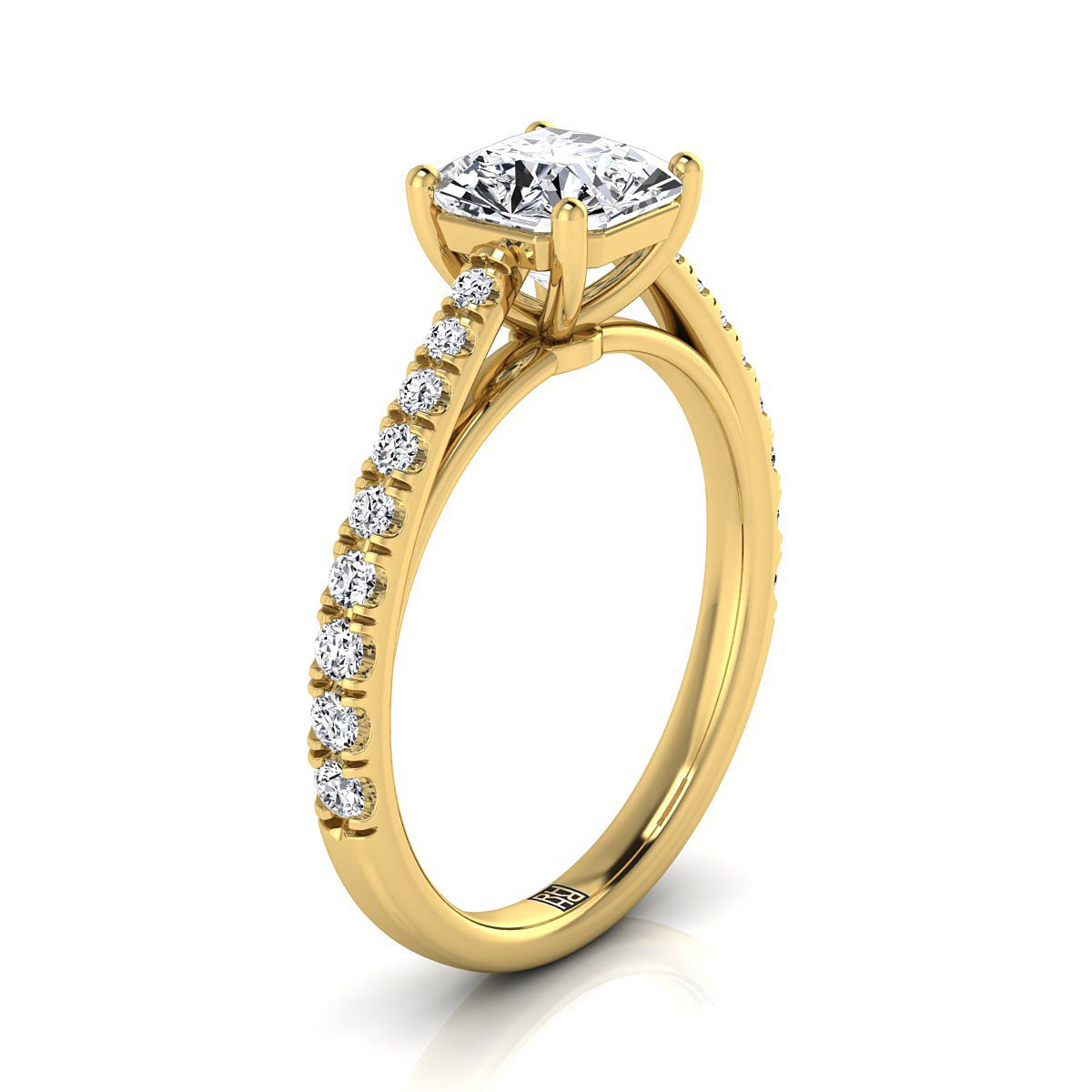 14K Yellow Gold Asscher Cut Diamond French Pave Cathedral Style Solitaire Engagement Ring -1/4ctw