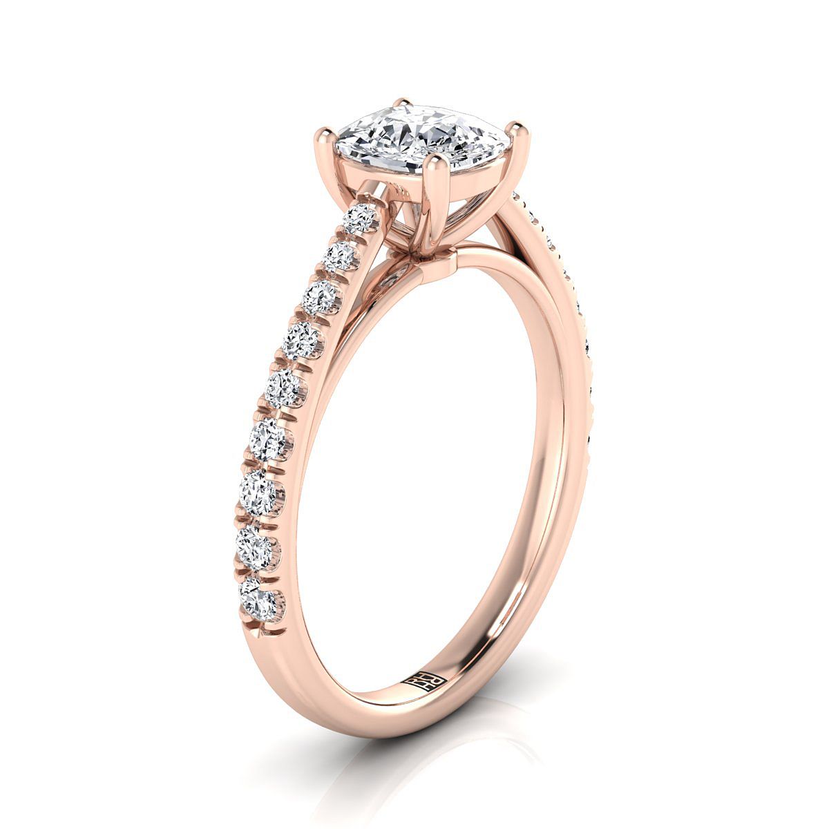 14K Rose Gold Cushion Diamond French Pave Cathedral Style Solitaire Engagement Ring -1/4ctw