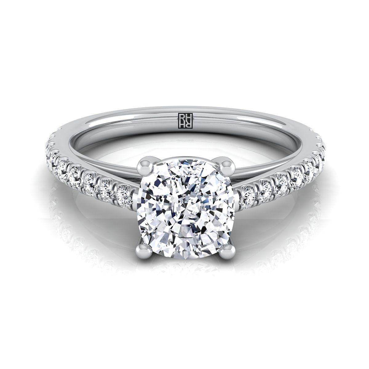 Platinum Cushion Diamond French Pave Cathedral Style Solitaire Engagement Ring -1/4ctw