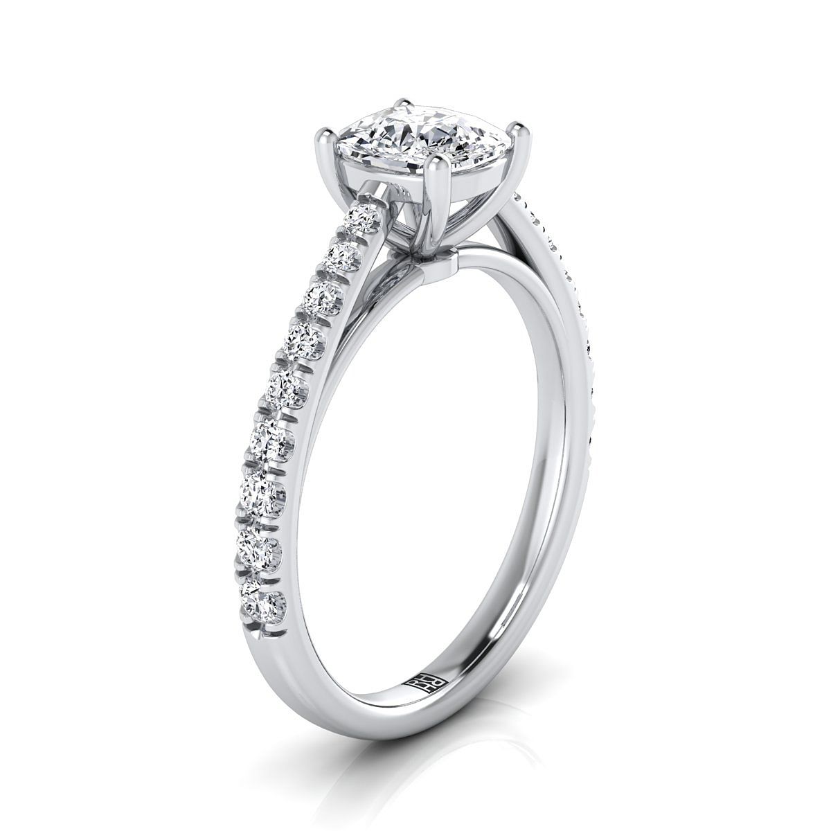 14K White Gold Cushion Diamond French Pave Cathedral Style Solitaire Engagement Ring -1/4ctw
