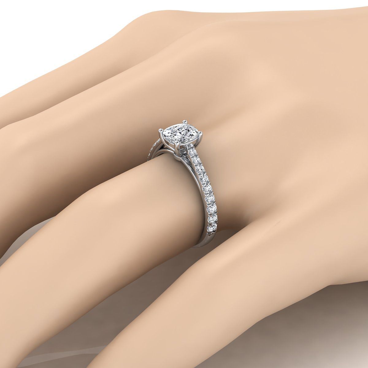 14K White Gold Cushion Diamond French Pave Cathedral Style Solitaire Engagement Ring -1/4ctw