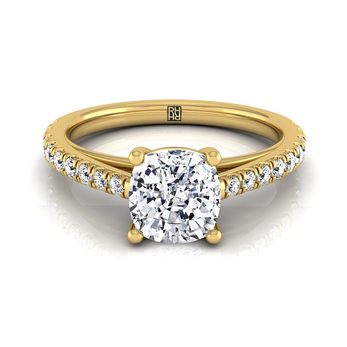 18K Yellow Gold Cushion Diamond French Pave Cathedral Style Solitaire Engagement Ring -1/4ctw