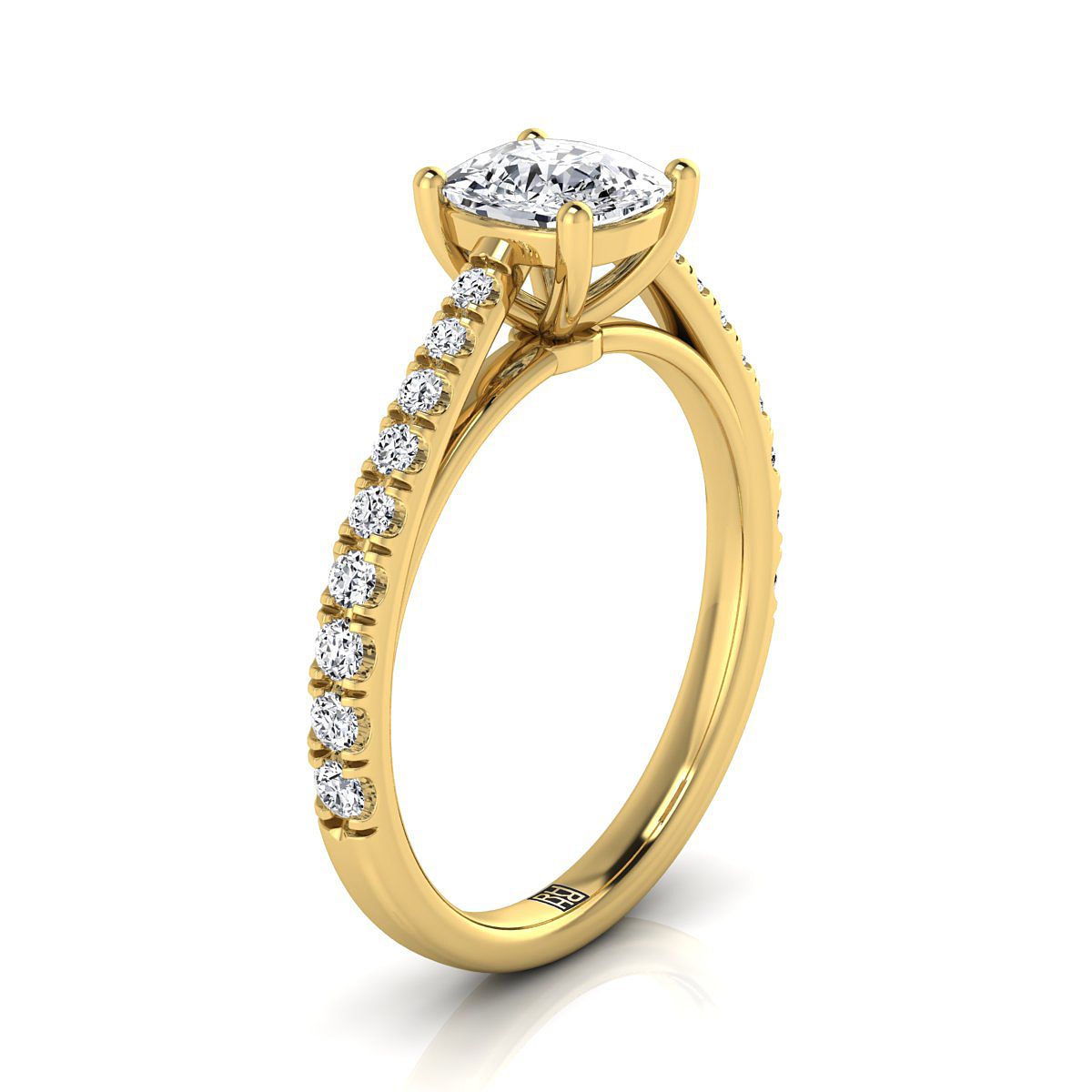 14K Yellow Gold Cushion Diamond French Pave Cathedral Style Solitaire Engagement Ring -1/4ctw