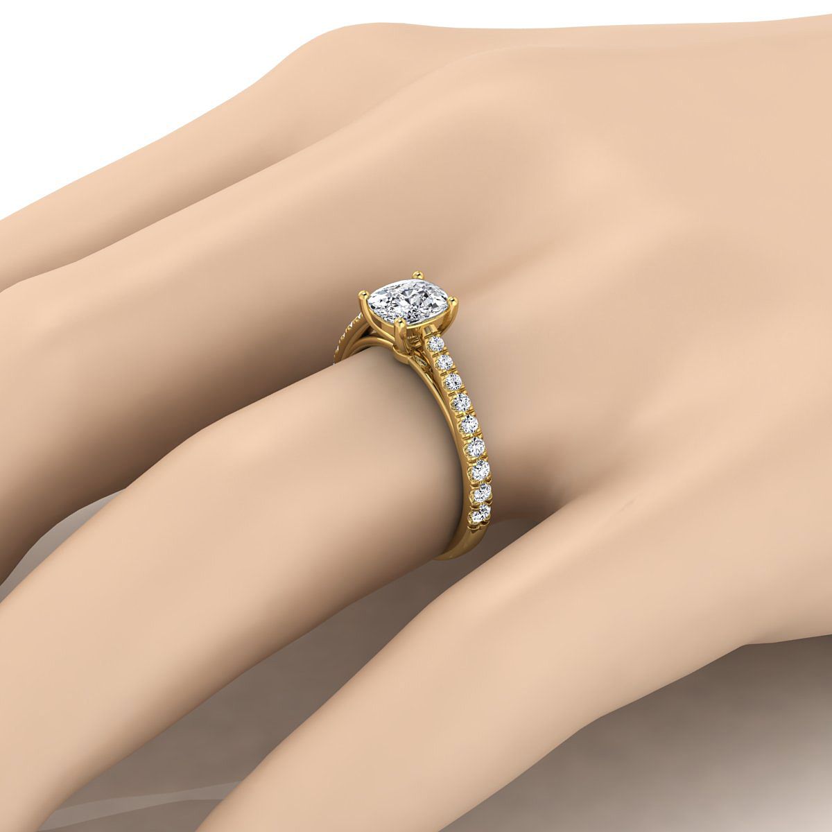 14K Yellow Gold Cushion Diamond French Pave Cathedral Style Solitaire Engagement Ring -1/4ctw