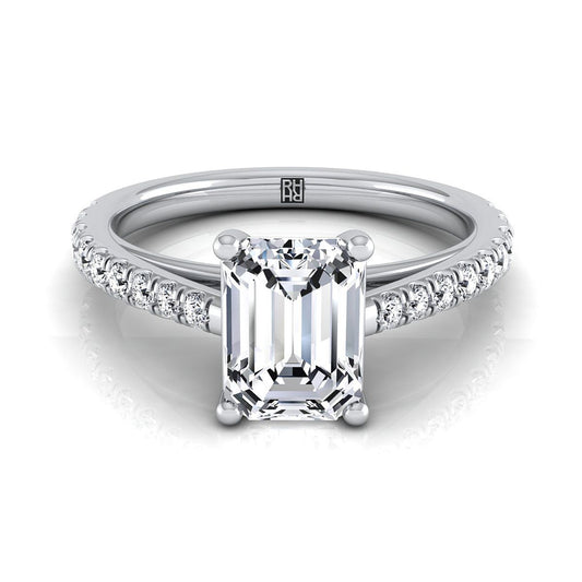 14K White Gold Emerald Cut Diamond French Pave Cathedral Style Solitaire Engagement Ring -1/4ctw