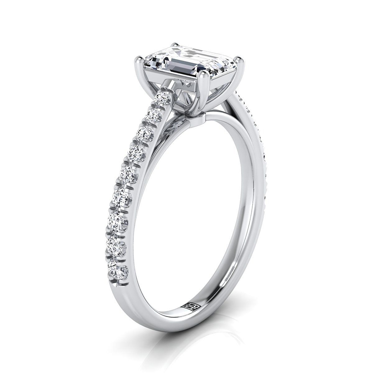 14K White Gold Emerald Cut Diamond French Pave Cathedral Style Solitaire Engagement Ring -1/4ctw