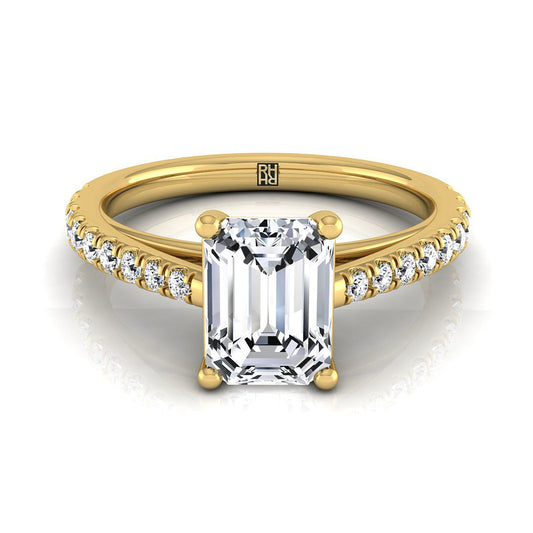 18K Yellow Gold Emerald Cut Diamond French Pave Cathedral Style Solitaire Engagement Ring -1/4ctw