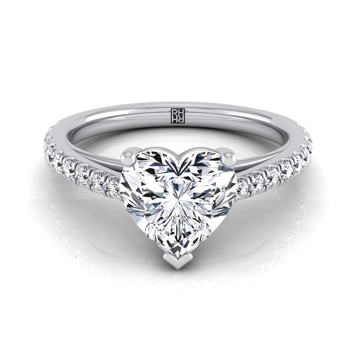 14K White Gold Heart Shape Center Diamond French Pave Cathedral Style Solitaire Engagement Ring -1/4ctw