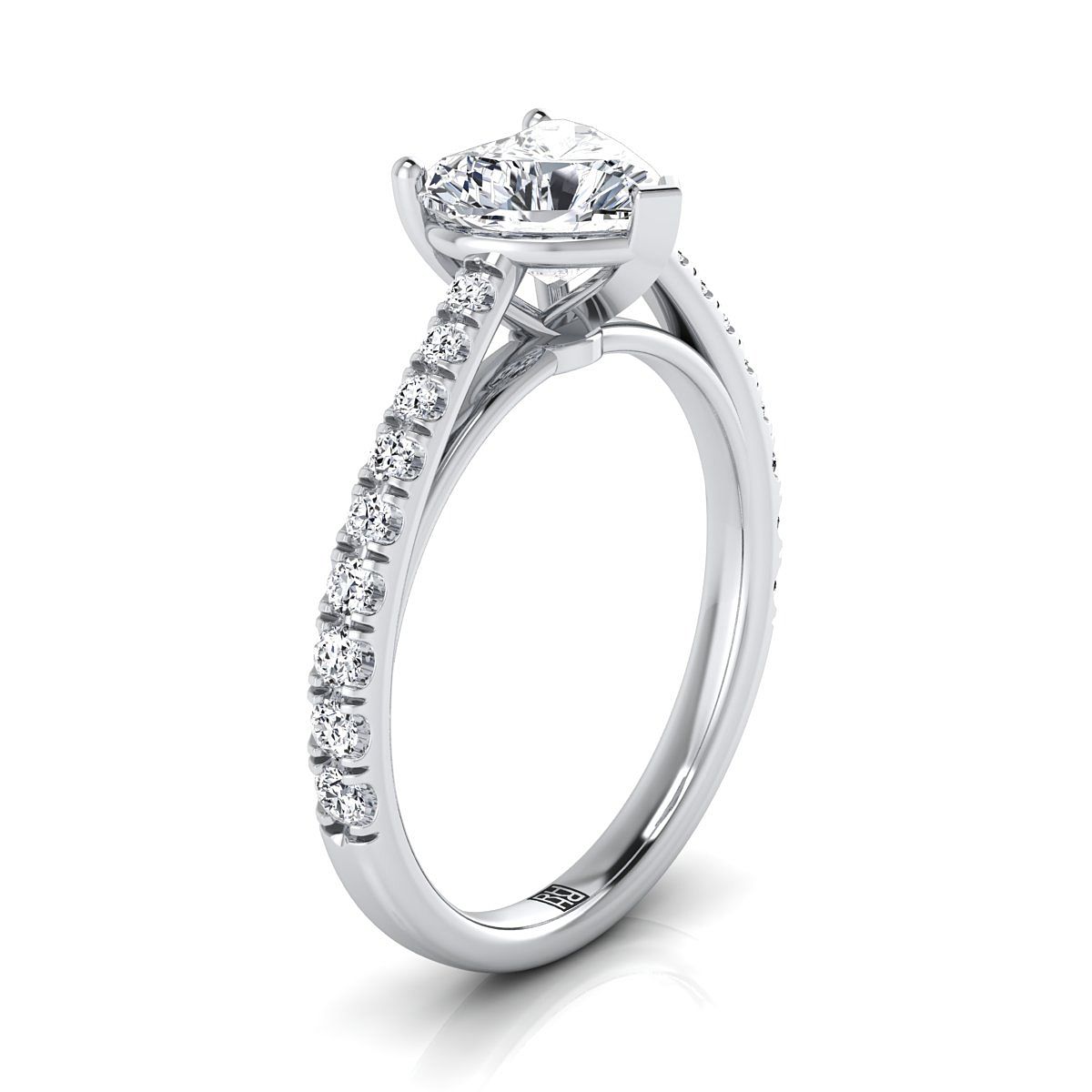 14K White Gold Heart Shape Center Diamond French Pave Cathedral Style Solitaire Engagement Ring -1/4ctw