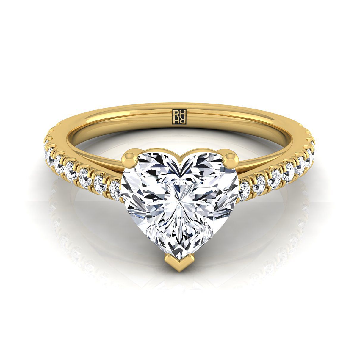 14K Yellow Gold Heart Shape Center Diamond French Pave Cathedral Style Solitaire Engagement Ring -1/4ctw