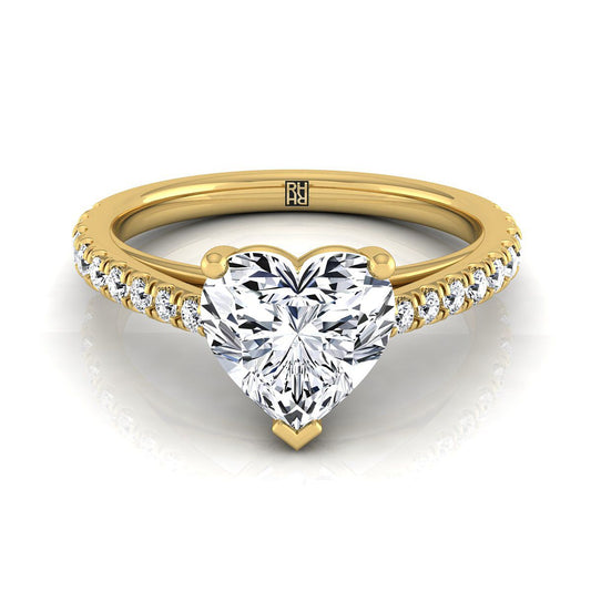 18K Yellow Gold Heart Shape Center Diamond French Pave Cathedral Style Solitaire Engagement Ring -1/4ctw