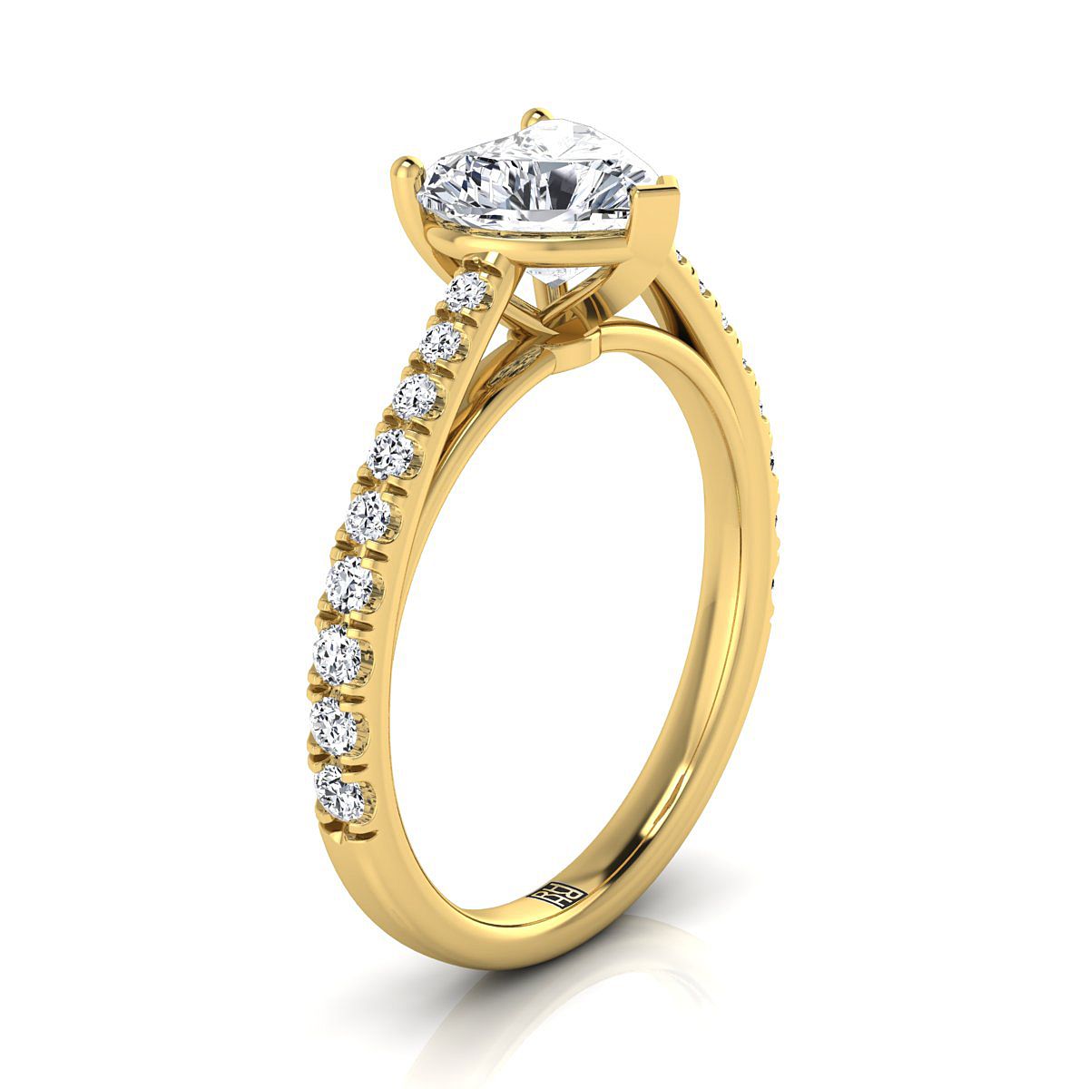 14K Yellow Gold Heart Shape Center Diamond French Pave Cathedral Style Solitaire Engagement Ring -1/4ctw