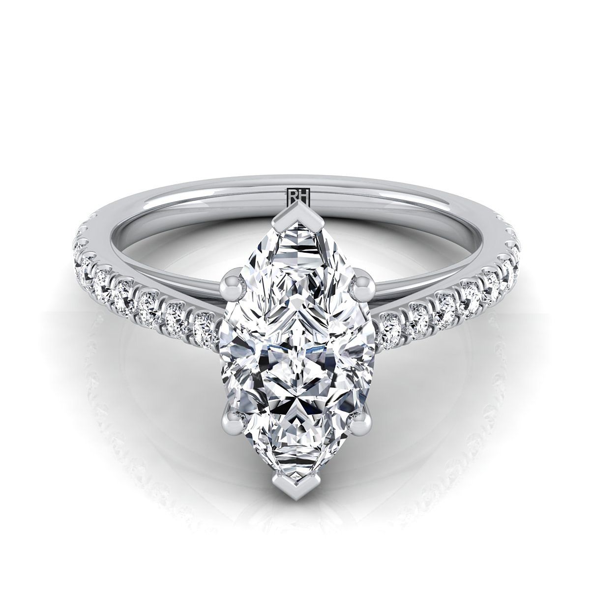 แหวนหมั้นเพชรแพลตตินัม Marquise French Pave Cathedral สไตล์ Solitaire -1/4ctw