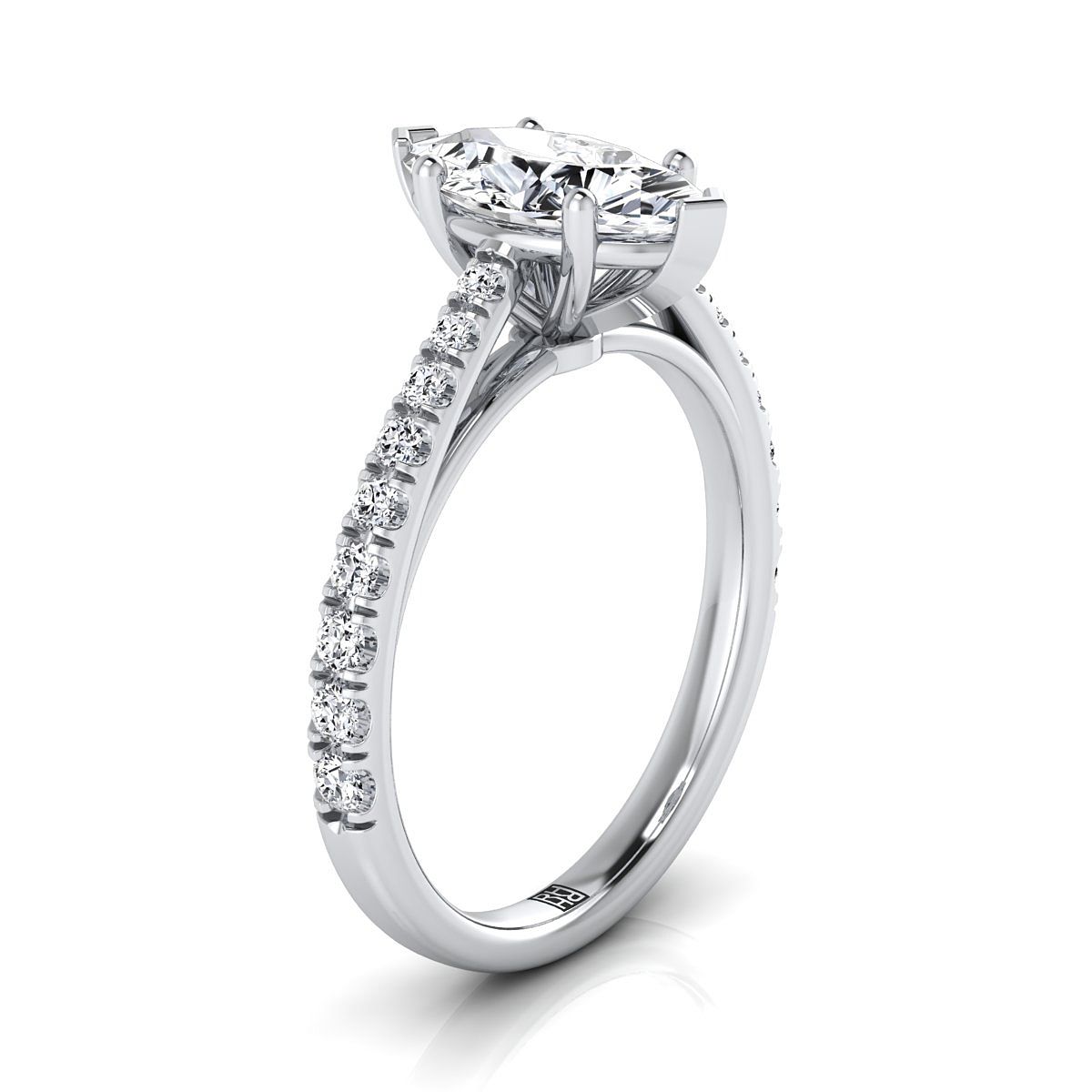 14K White Gold Marquise Diamond French Pave Cathedral Style Solitaire Engagement Ring -1/4ctw
