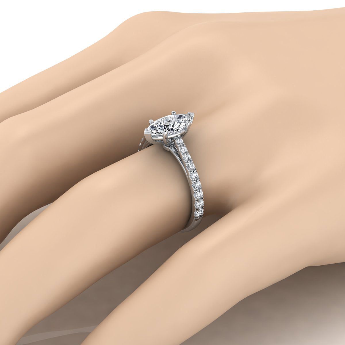 14K White Gold Marquise Diamond French Pave Cathedral Style Solitaire Engagement Ring -1/4ctw
