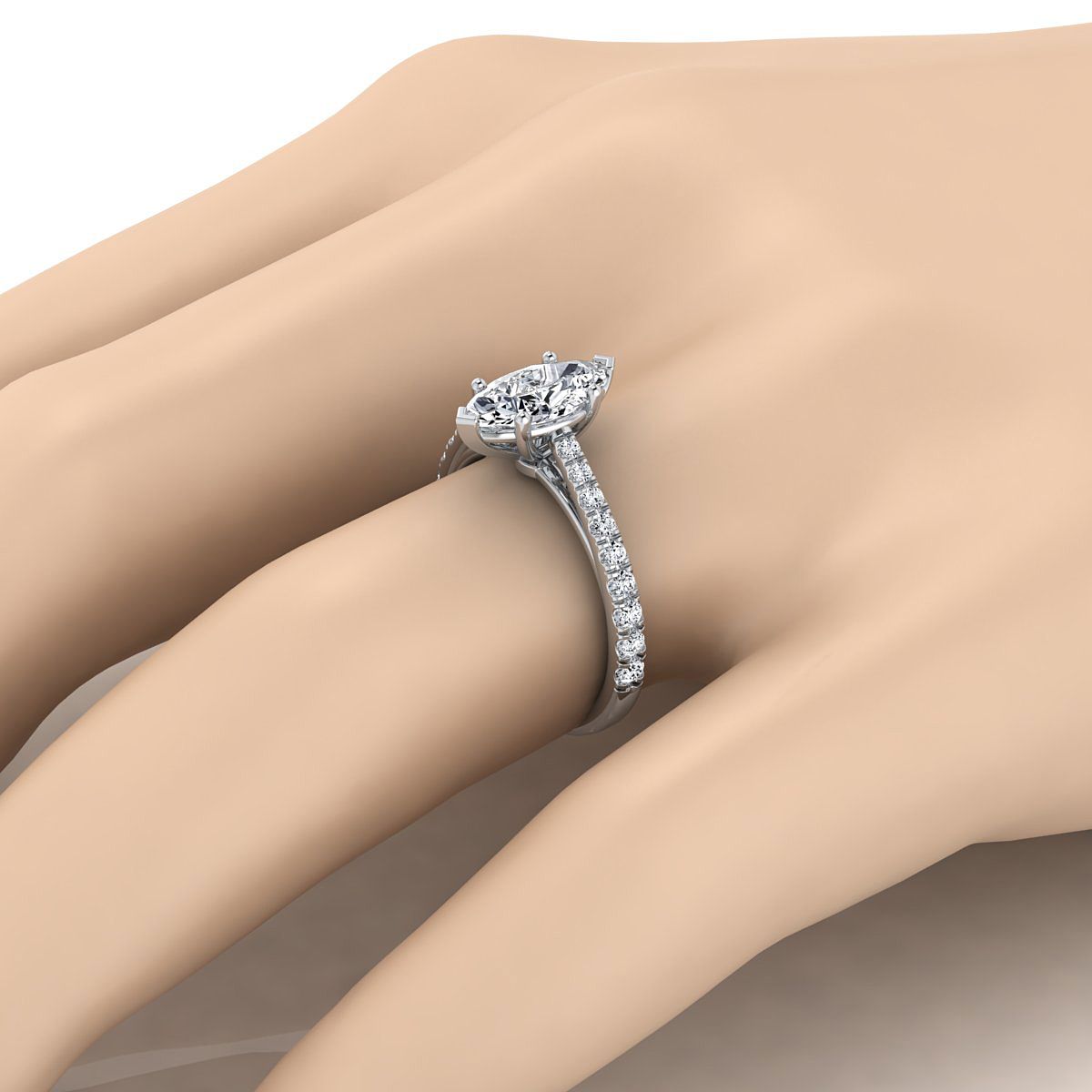 แหวนหมั้นเพชรแพลตตินัม Marquise French Pave Cathedral สไตล์ Solitaire -1/4ctw