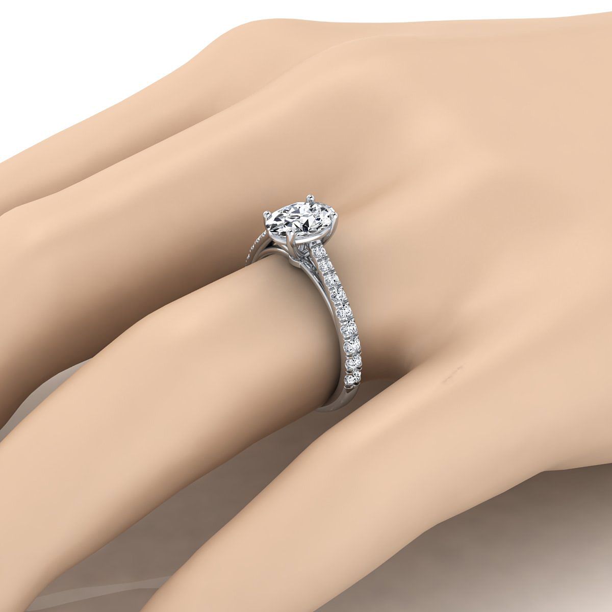 Platinum Oval Diamond French Pave Cathedral Style Solitaire Engagement Ring -1/4ctw