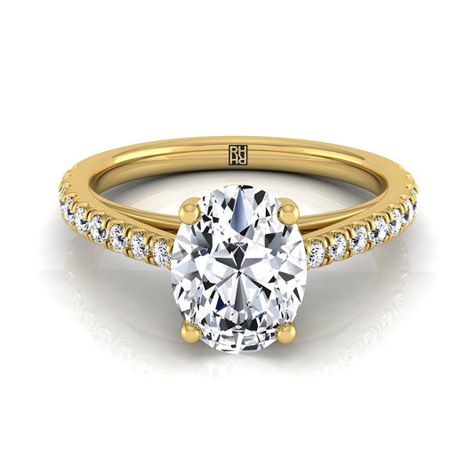 14K Yellow Gold Oval Diamond French Pave Cathedral Style Solitaire Engagement Ring -1/4ctw