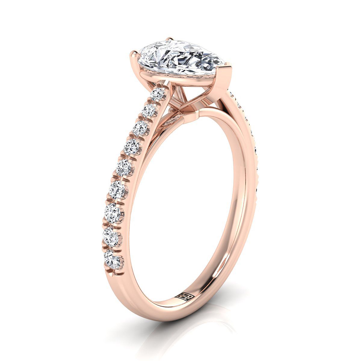 14K Rose Gold Pear Shape Center Diamond French Pave Cathedral Style Solitaire Engagement Ring -1/4ctw