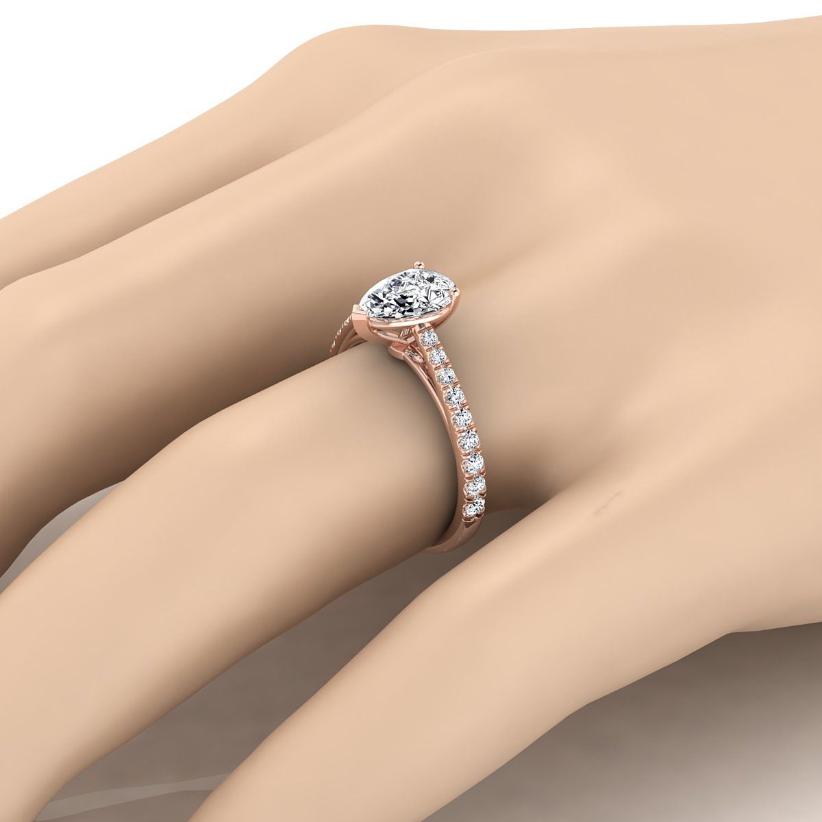 14K Rose Gold Pear Shape Center Diamond French Pave Cathedral Style Solitaire Engagement Ring -1/4ctw