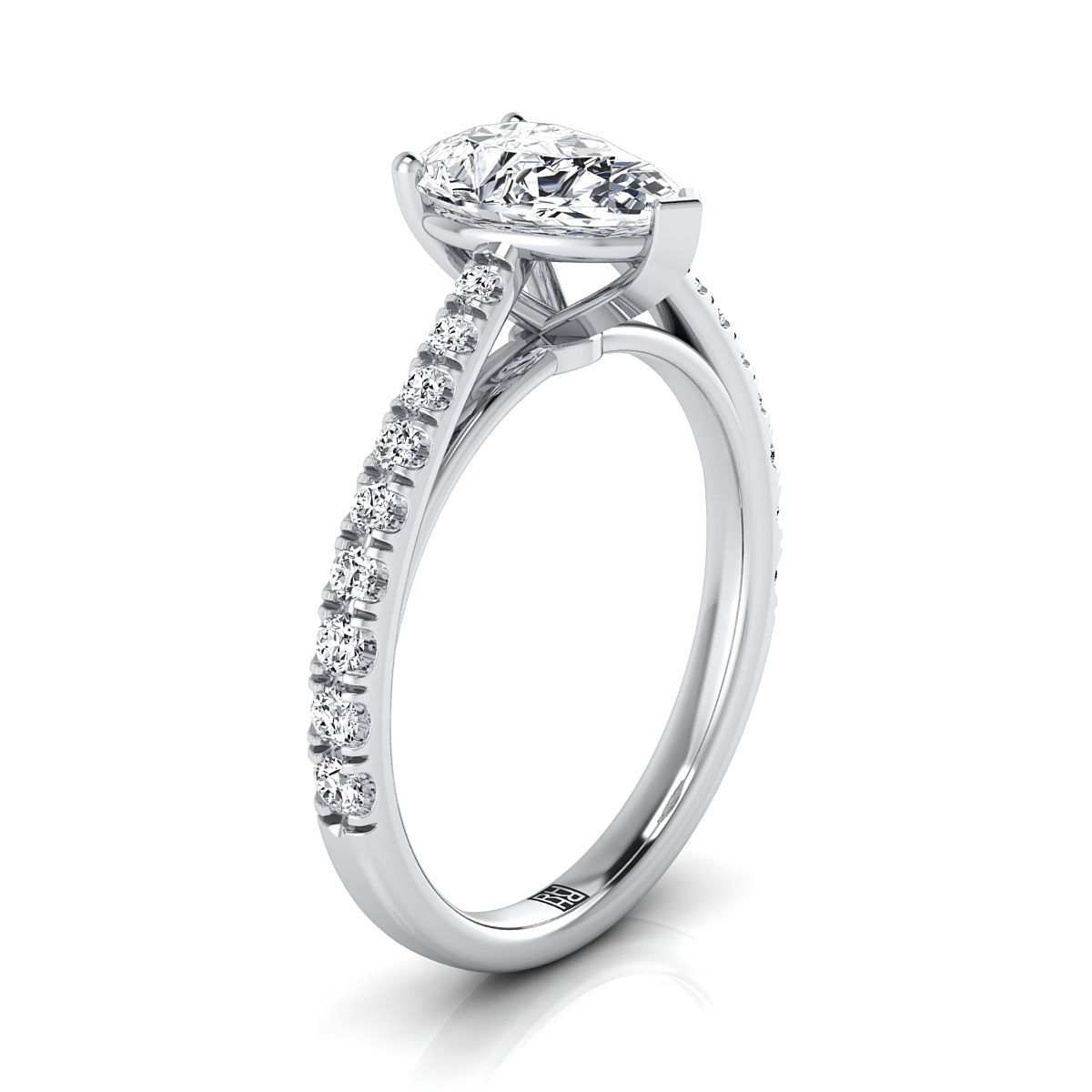 14K White Gold Pear Shape Center Diamond French Pave Cathedral Style Solitaire Engagement Ring -1/4ctw