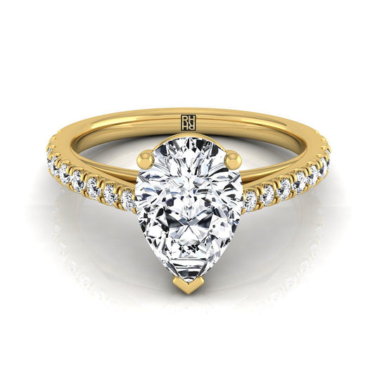 14K Yellow Gold Pear Shape Center Diamond French Pave Cathedral Style Solitaire Engagement Ring -1/4ctw