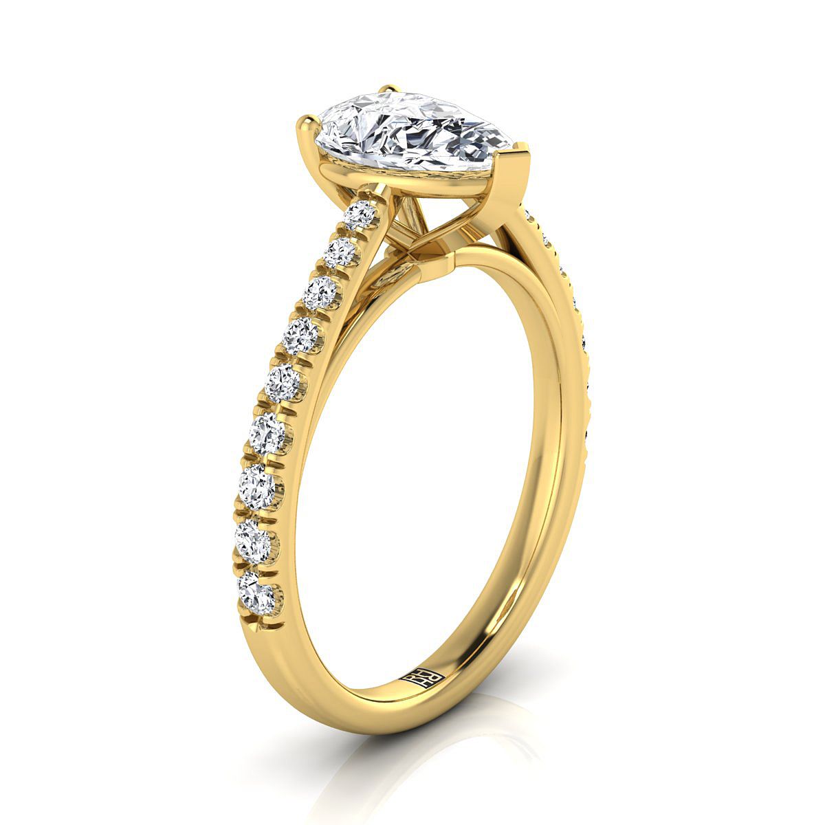 14K Yellow Gold Pear Shape Center Diamond French Pave Cathedral Style Solitaire Engagement Ring -1/4ctw