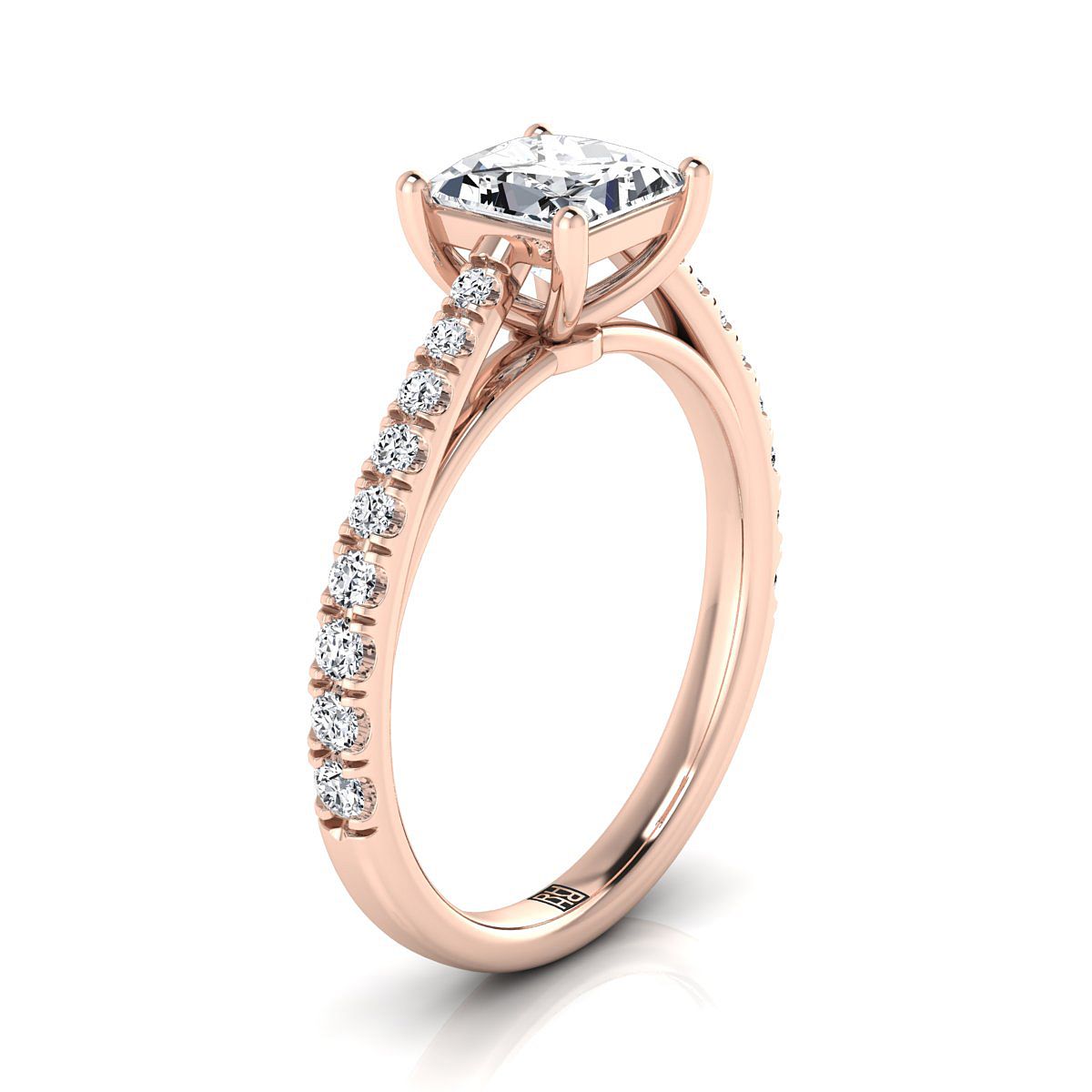 14K Rose Gold Princess Cut Diamond French Pave Cathedral Style Solitaire Engagement Ring -1/4ctw