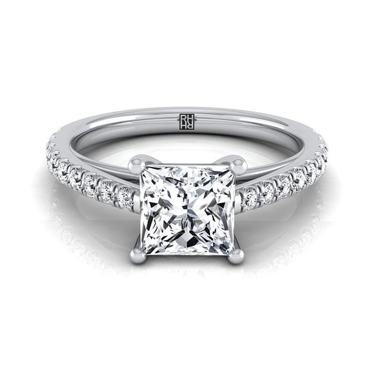 แหวนหมั้นเพชร 14K White Gold Princess Cut Diamond French Pave Cathedral Style Solitaire Engagement Ring -1/4ctw
