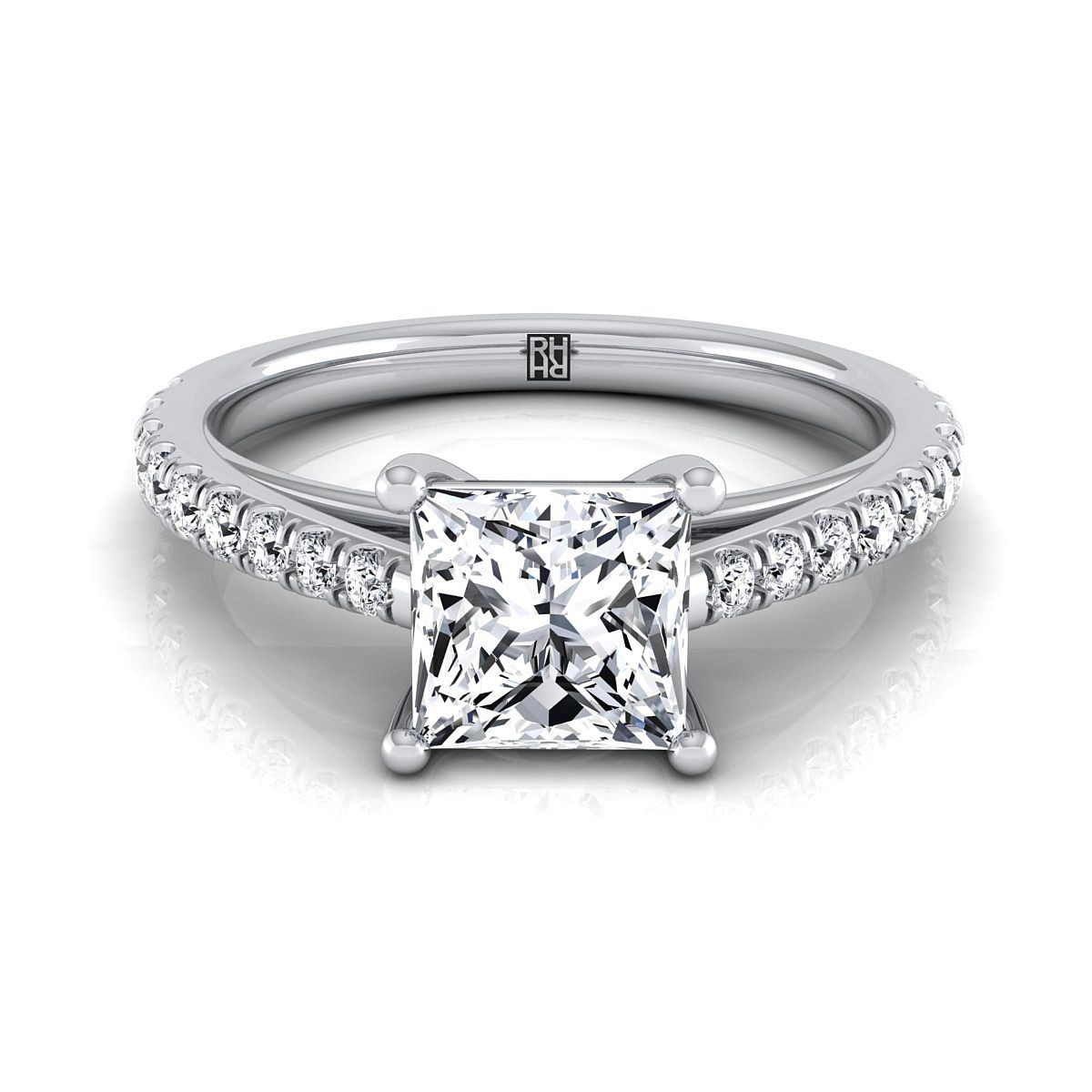 แหวนหมั้นเพชร 18K White Gold Princess Cut French Pave Cathedral Style Solitaire -1/4ctw