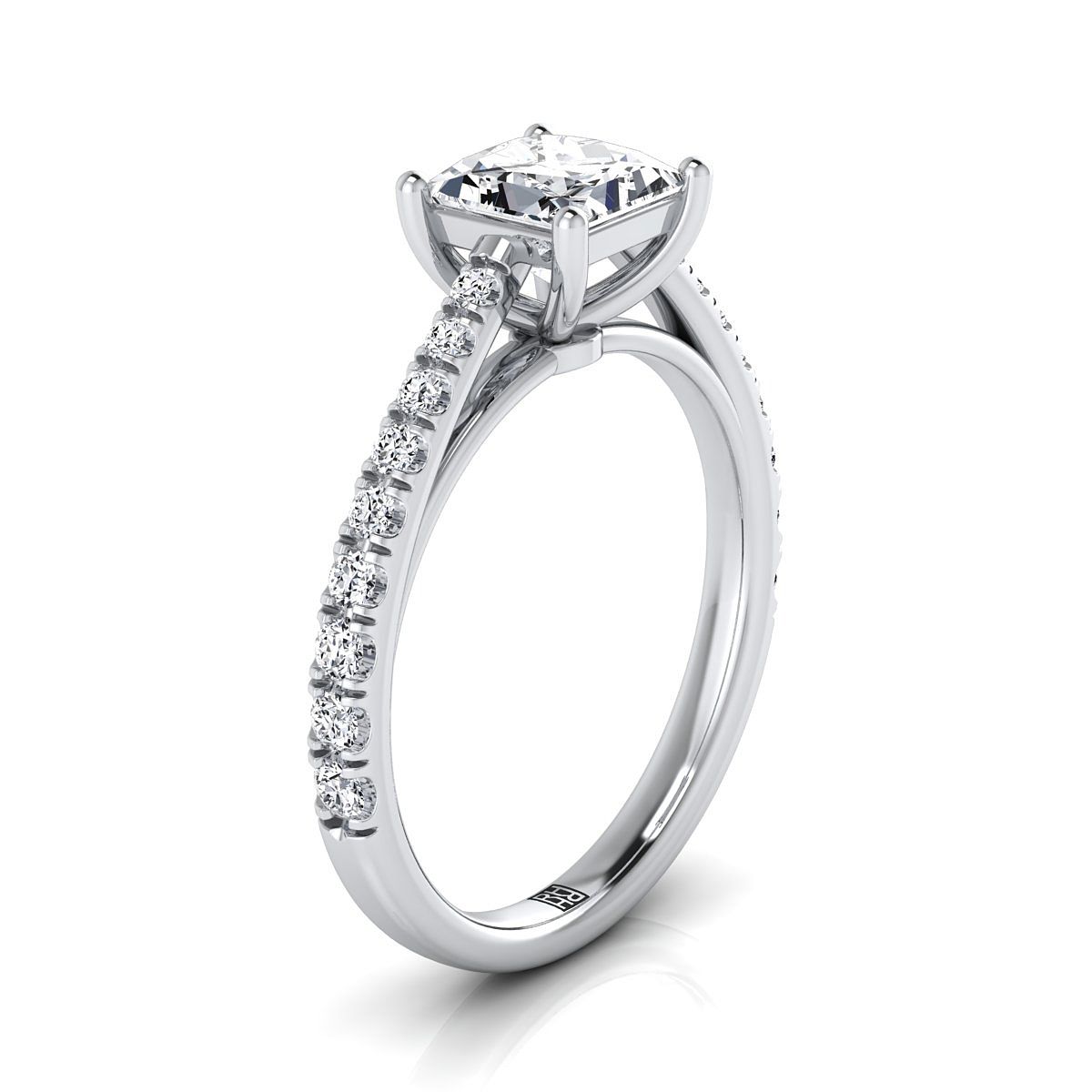 แหวนหมั้นเพชรแพลทินัม Princess Cut French Pave Cathedral สไตล์ Solitaire -1/4ctw