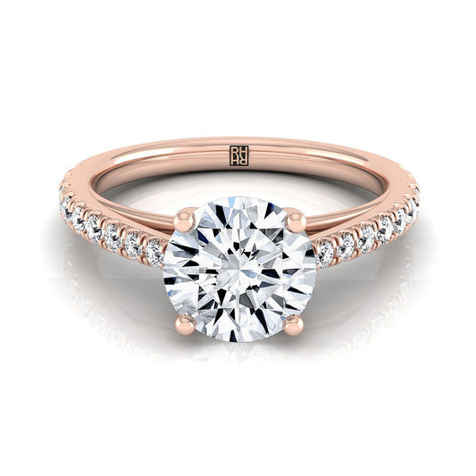 14K Rose Gold Round Brilliant Diamond French Pave Cathedral Style Solitaire Engagement Ring -1/4ctw