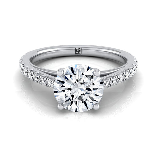 14K White Gold Round Brilliant Diamond French Pave Cathedral Style Solitaire Engagement Ring -1/4ctw