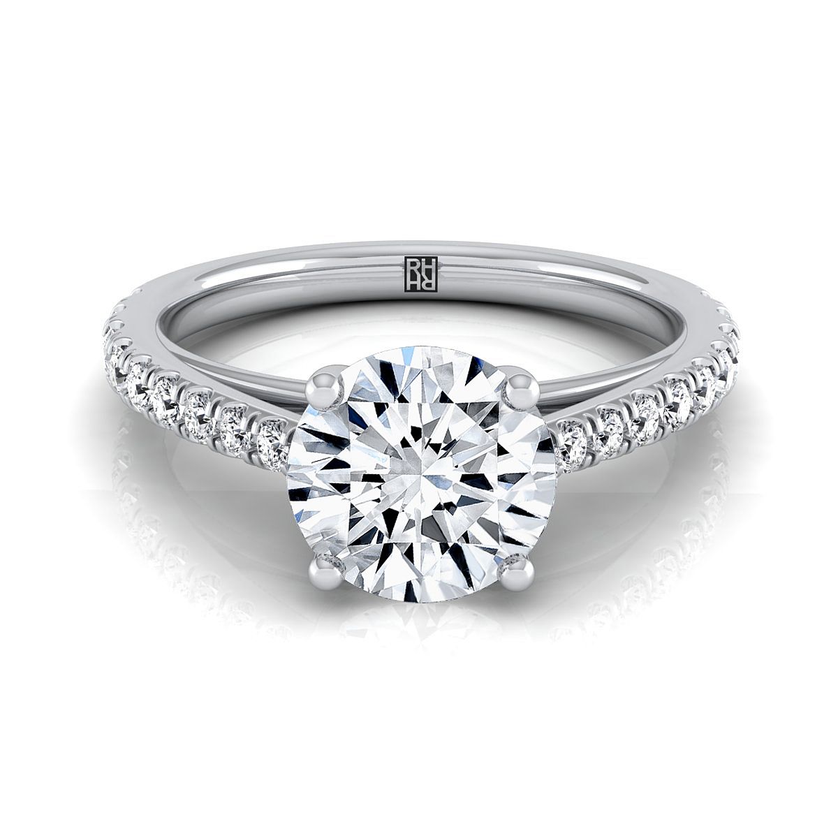 18K White Gold Round Brilliant Diamond French Pave Cathedral Style Solitaire แหวนหมั้น -1/4ctw