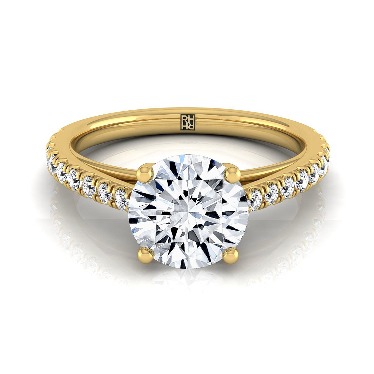 14K Yellow Gold Round Brilliant Diamond French Pave Cathedral Style Solitaire Engagement Ring -1/4ctw