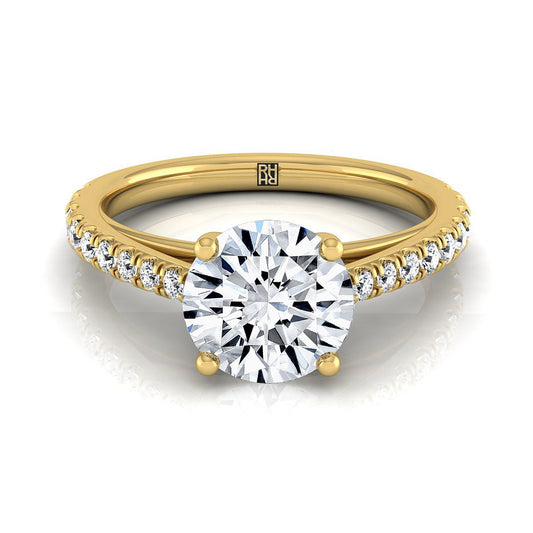 18K สีเหลืองทอง Round Brilliant Diamond French Pave Cathedral สไตล์แหวนหมั้น Solitaire -1/4ctw