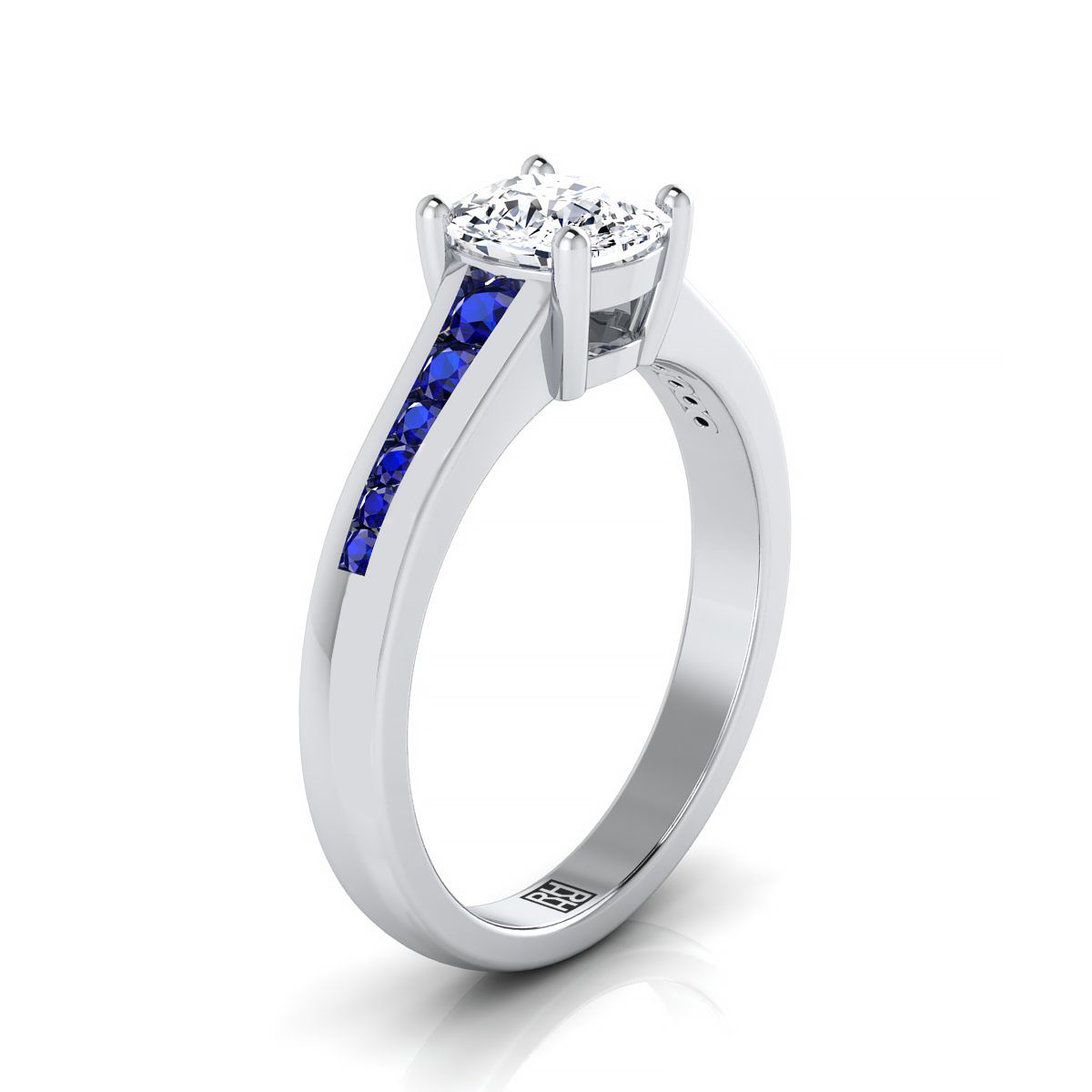 Platinum Cushion Contemporary Tapered Blue Sapphire Channel Engagement Ring