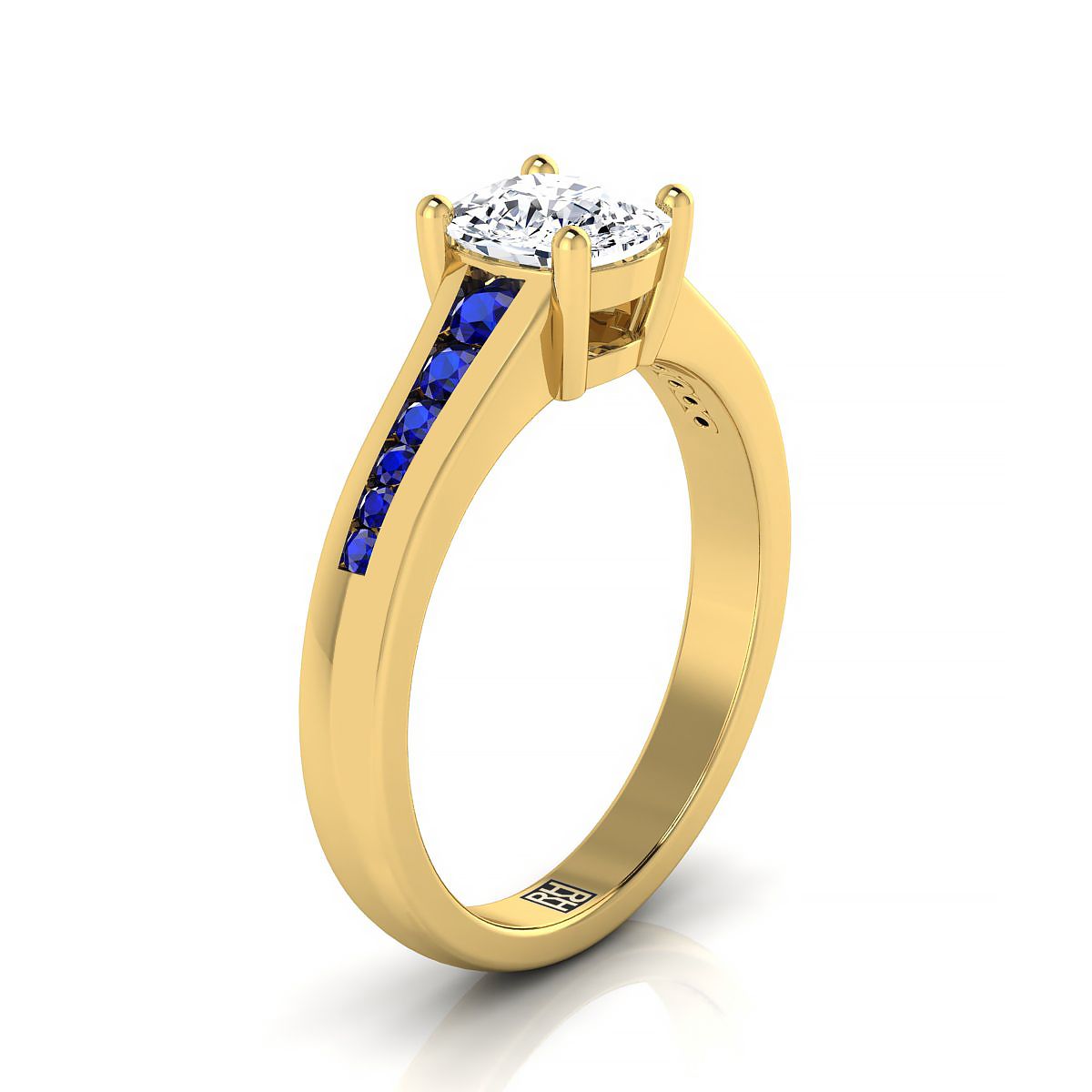 14K Yellow Gold Cushion Contemporary Tapered Blue Sapphire Channel Engagement Ring