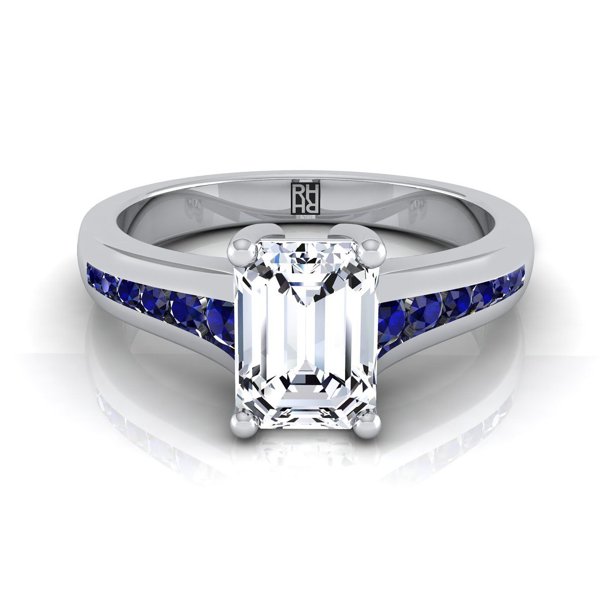 Platinum Emerald Cut Contemporary Tapered Blue Sapphire Channel Engagement Ring