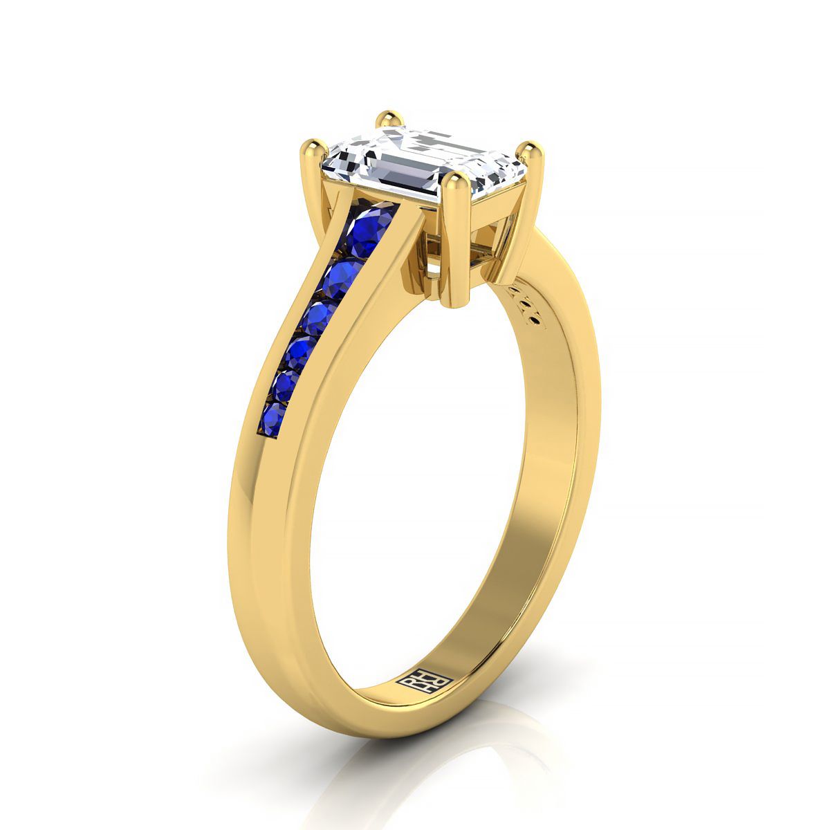 18K Yellow Gold Emerald Cut Contemporary Tapered Blue Sapphire Channel Engagement Ring