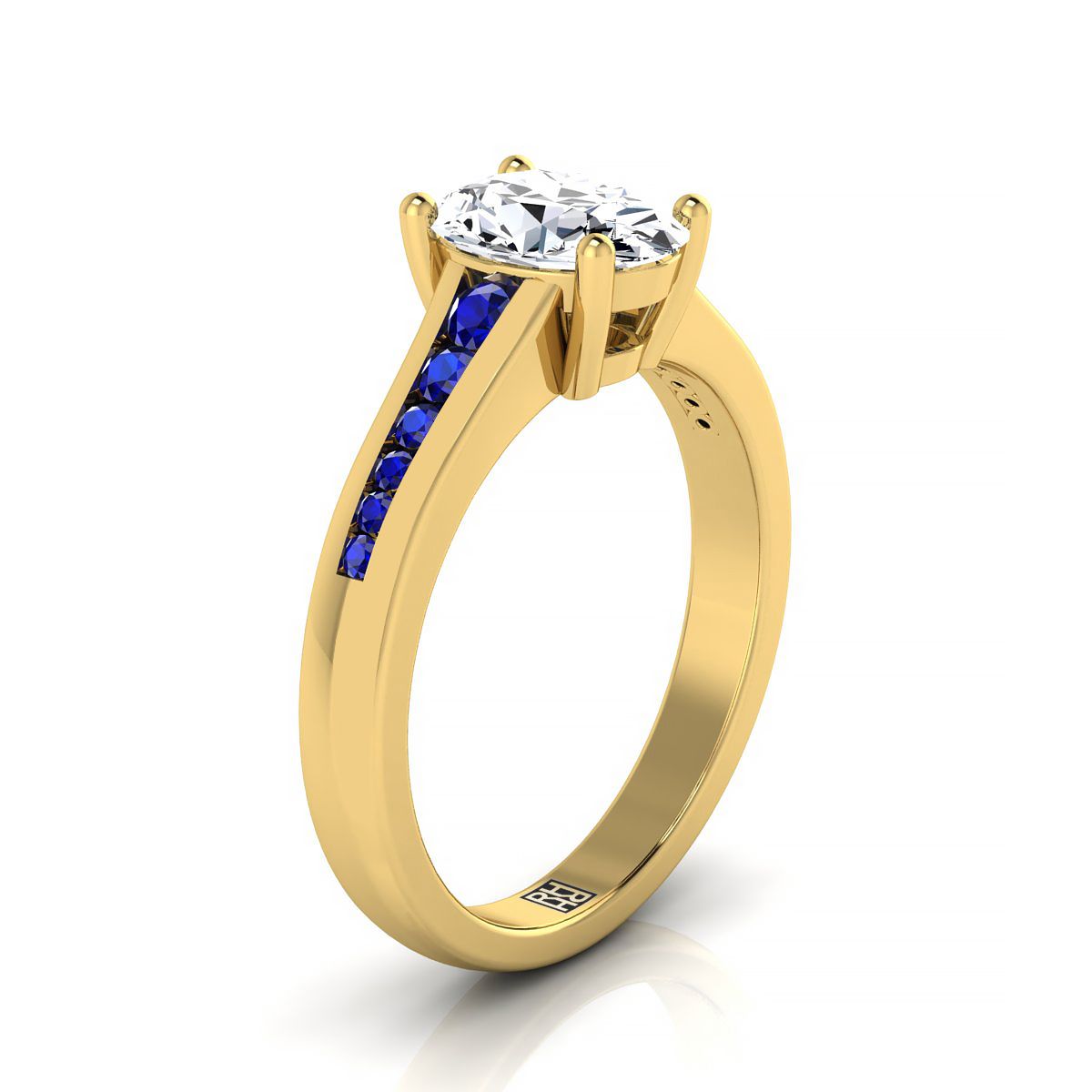 18K Yellow Gold Oval Contemporary Tapered Blue Sapphire Channel Engagement Ring