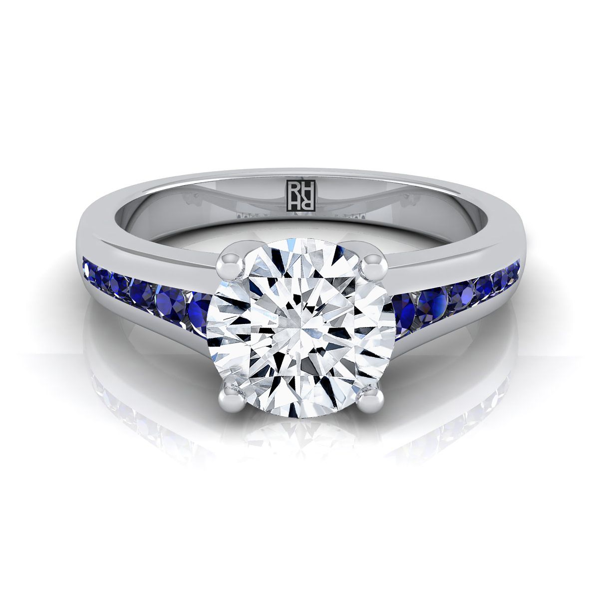 แหวนหมั้น 18K White Gold Round Brilliant Contemporary Tapered Blue Sapphire Channel