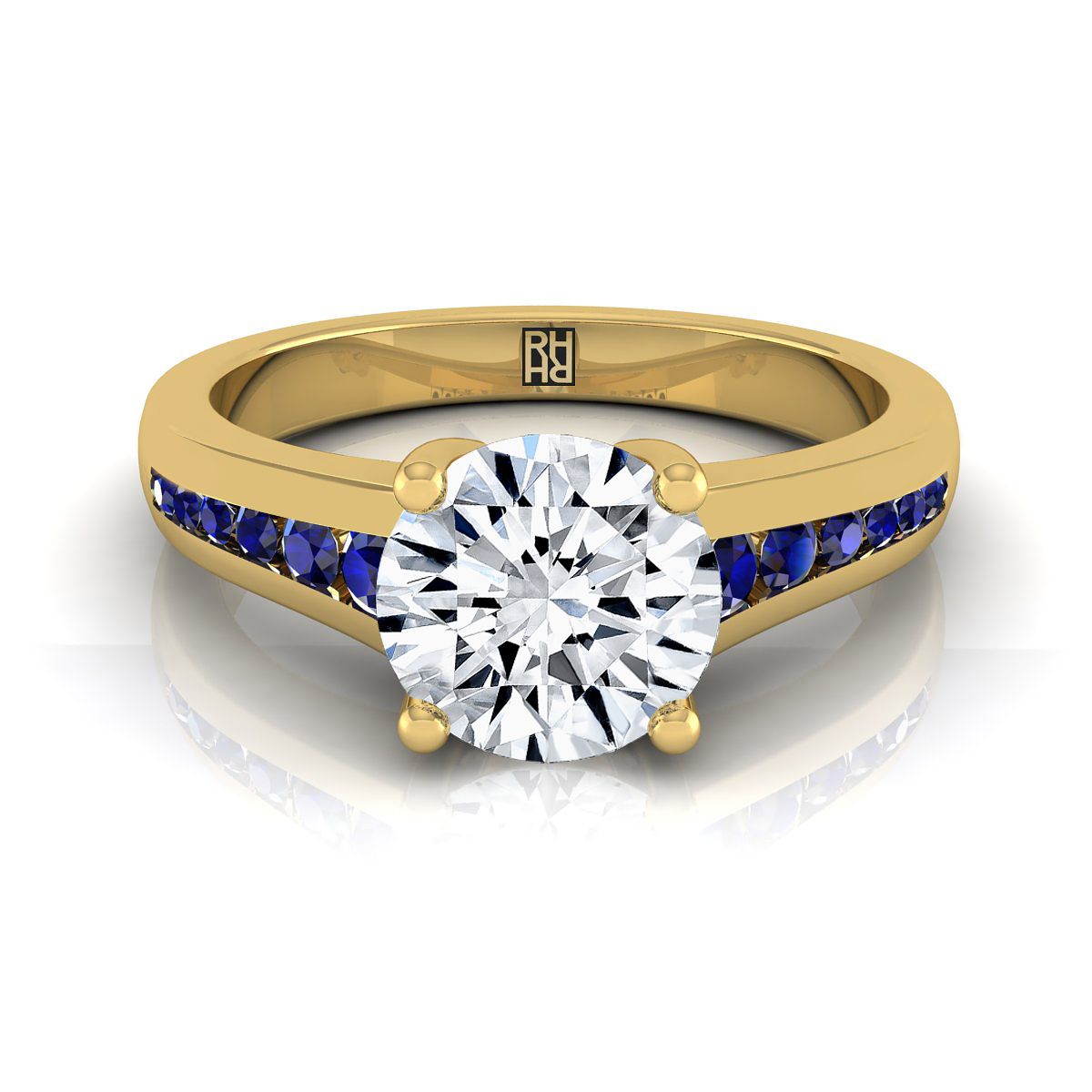 14K Yellow Gold Round Brilliant Contemporary Tapered Blue Sapphire Channel Engagement Ring